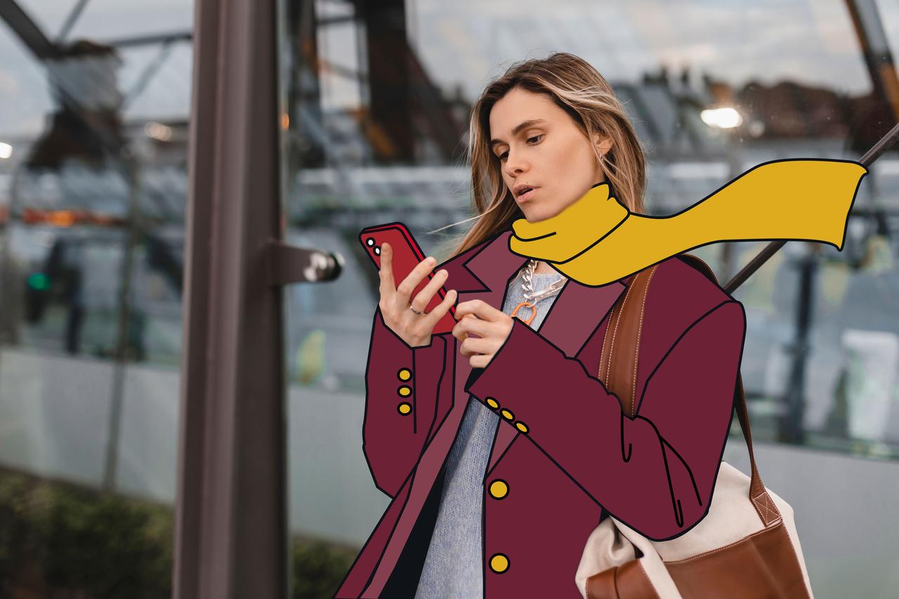 Woman with scarf ordering taxi