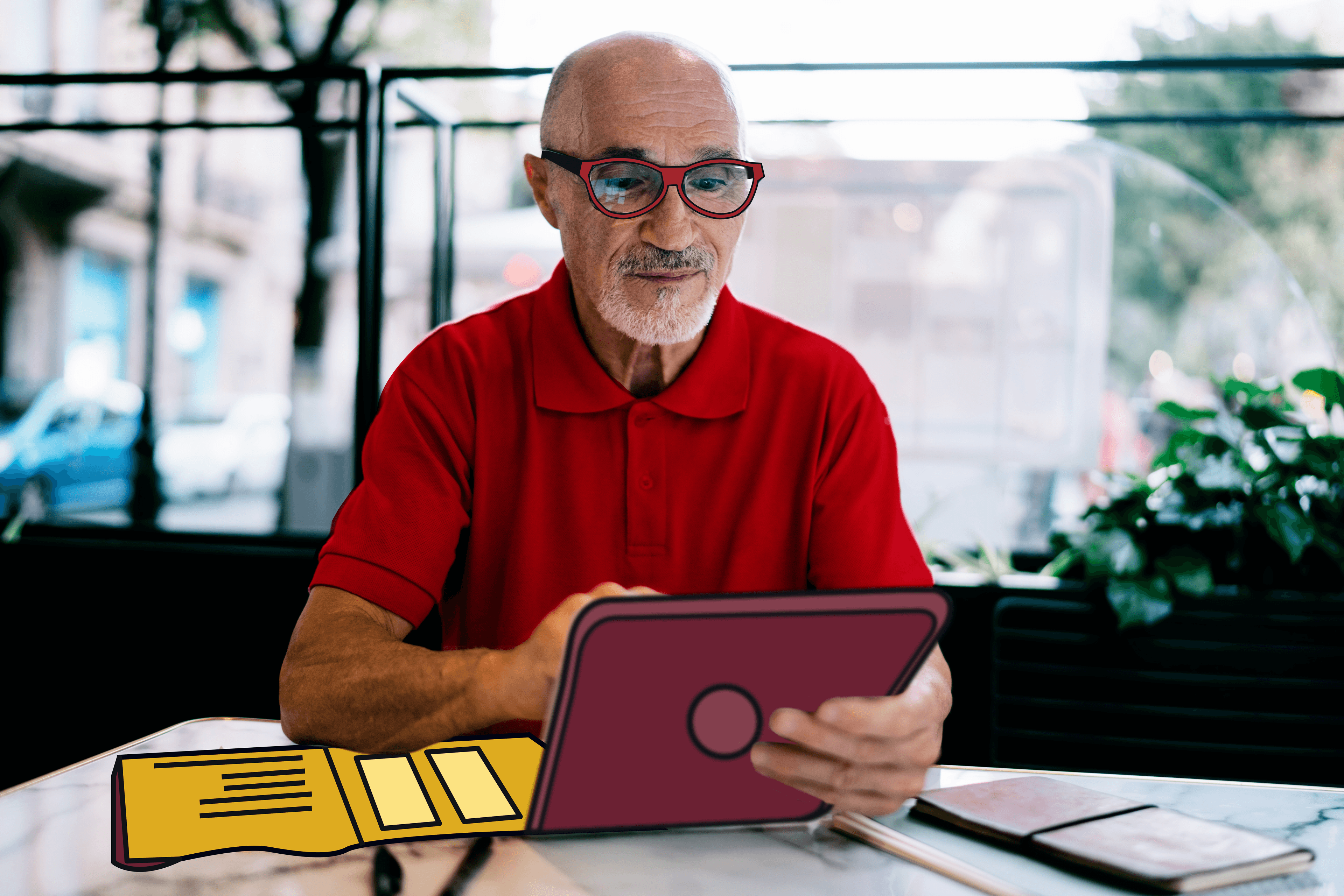 Man looking at tablet and managing business travel expensing at a coffee shop